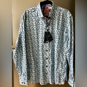 Au Noir Mens Button Down Shirt Blue Geometric Print Stretch Cotton NWT Size 5